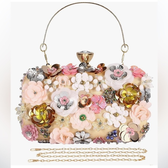 Floral satin clutch purse handbag with gold attachable crossbody strap w… - Picture 1 of 5